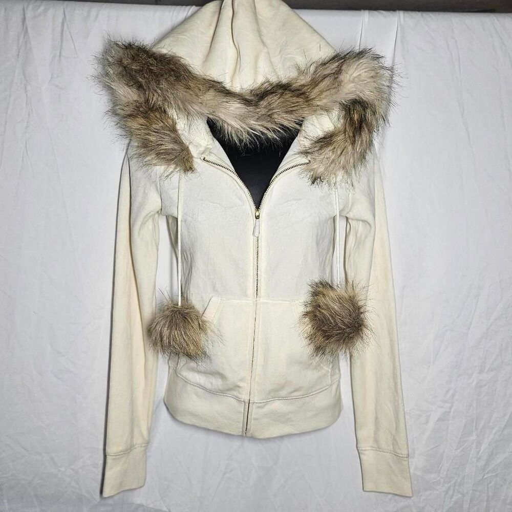juicy couture off white cream angel fur trim pom pom deadstock hoodie